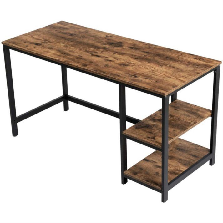 55 Inch Wood and Metal Desk with 2 Shelves, Black and Brown