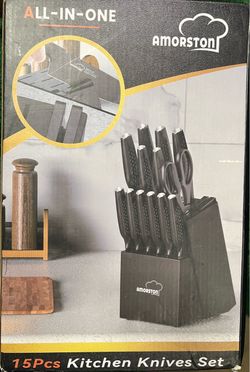 Knife Set, 15 Pieces Kitchen Knife Set with Block Built in Sharpener, Dishwasher Safe, German Stainless Steel Knife Block Set, Elegant Black