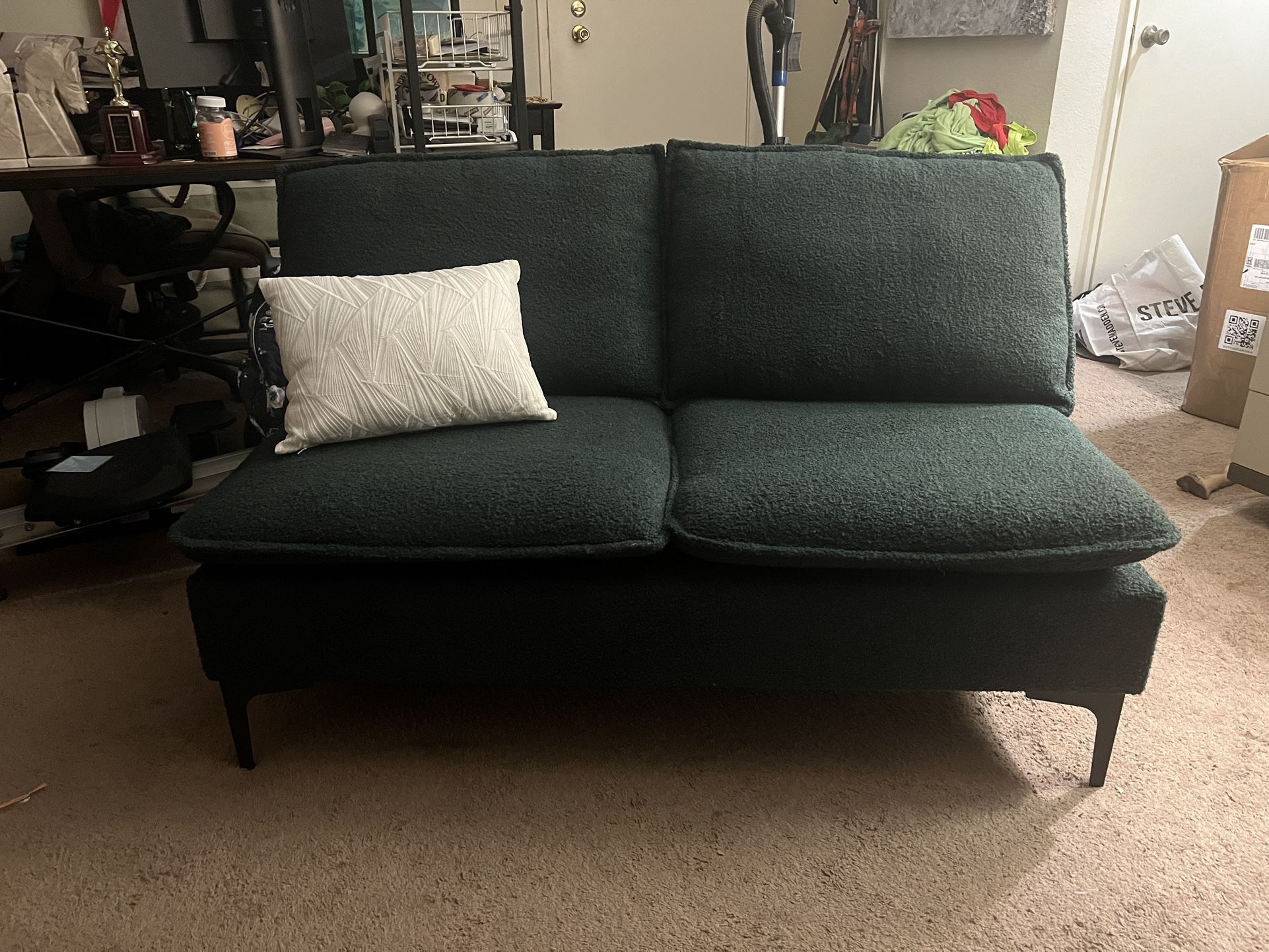 NEW - DISCOUNT IF YOU PICK UP TODAY - 2 seater couch, Armless Loveseat, WAaaDark Green, Teddy Fabric