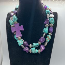 Double Strand Turquoise And Purple Stone Necklace  20” 
