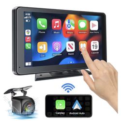 Portable wireless Apple CarPlay and Android Auto car display, 7-inch HD touchscreen with mirror link, Bluetooth 5.2, backup camera, AUX and FM transmi
