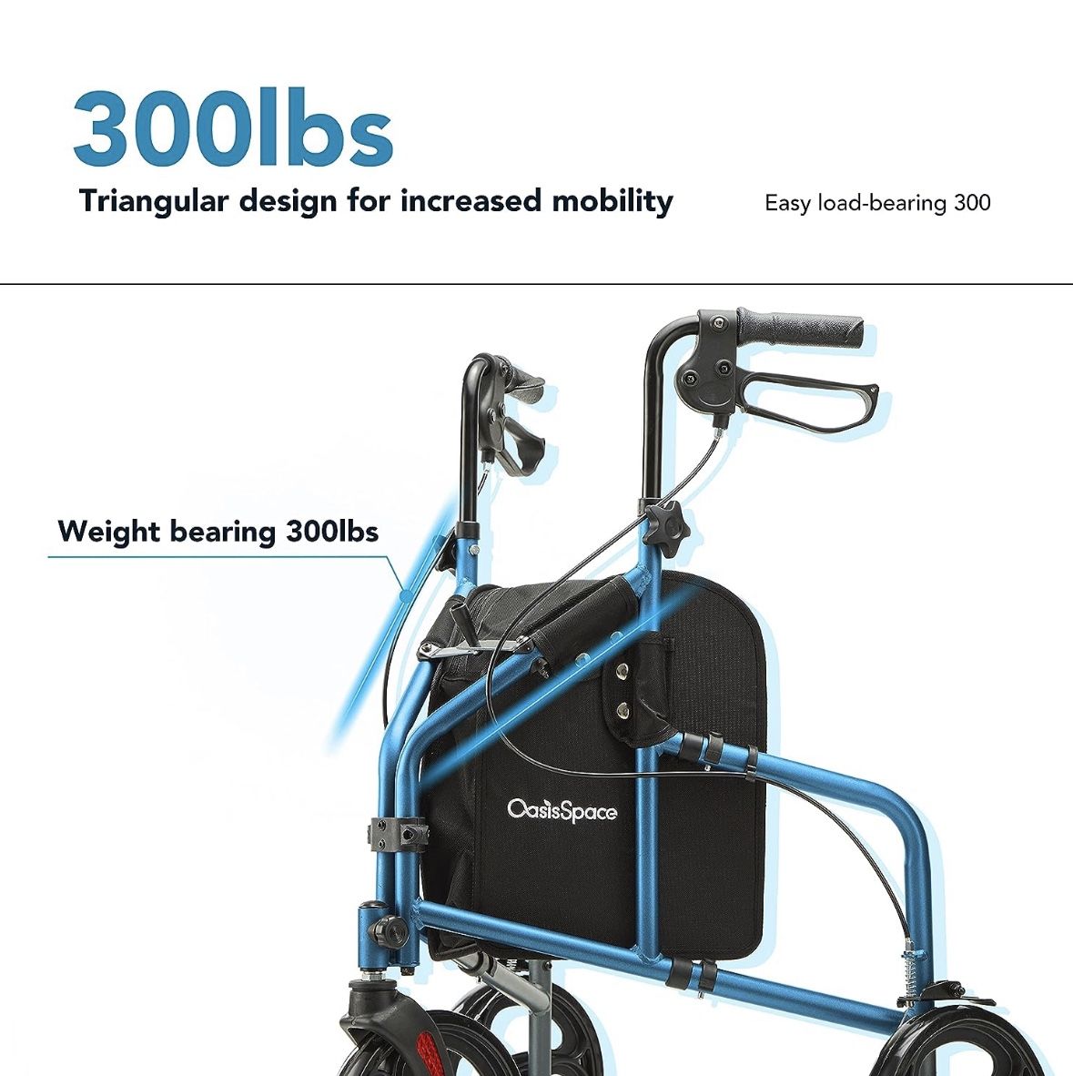 OasisSpace 3 Wheel Walker for Seniors - 10” Big Wheels Three Wheeled Walker Foldable, Lightweight Rollator Walker with Large Storage Bag