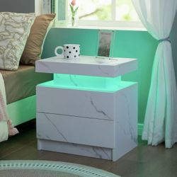 Night Stand with 2 Drawers LED Night Stand, White Marble