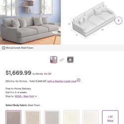  Emilio 90” REVERSIBLE CUSHIONS SOFA Ecru bone off white oatmeal eggshell Cream Ivory colored cloud soft sofa couch   