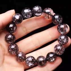 13.9mm Natural Black Super 7 lepidocrocite Quartz Round Beads Bracelet AAA