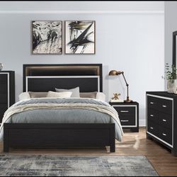 Modern Design Black Bedroom set w/BookCase Headboard & LED Lighting 