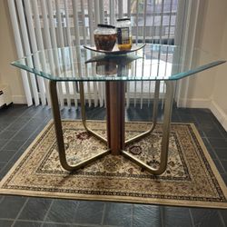Modern Round Glass Dining Table – Brass & Wood Base – 46” Diameter