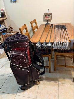 WOMEN’S SPALDING MOLITOR COMPUTER DESING GOLF SET+DRIVER/WOODS/PUTTER (12 CLUBS)+2 WHEEL ROLLING GOLF BAG