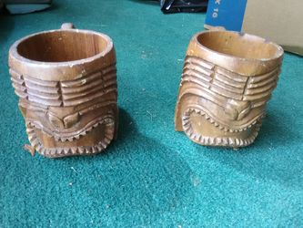 Vintage handcrafted wood tiki mugs