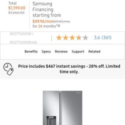 27.4 Cu Ft Samsung Fridge Side By Side Door