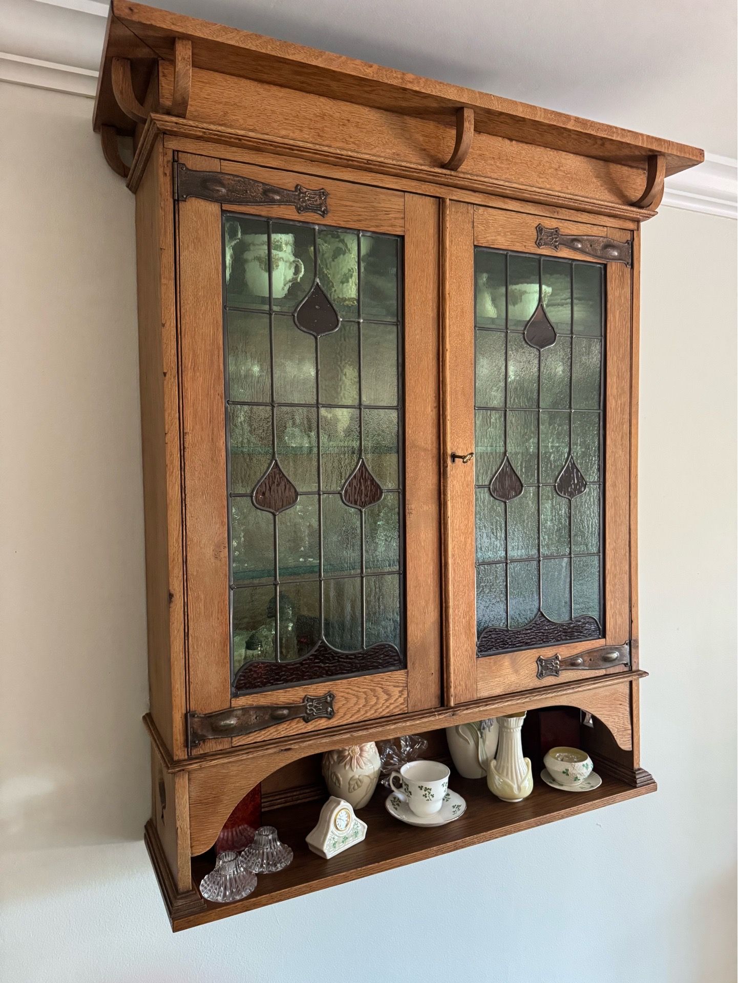 Vintage English Oak & Stained Glass Cabinet