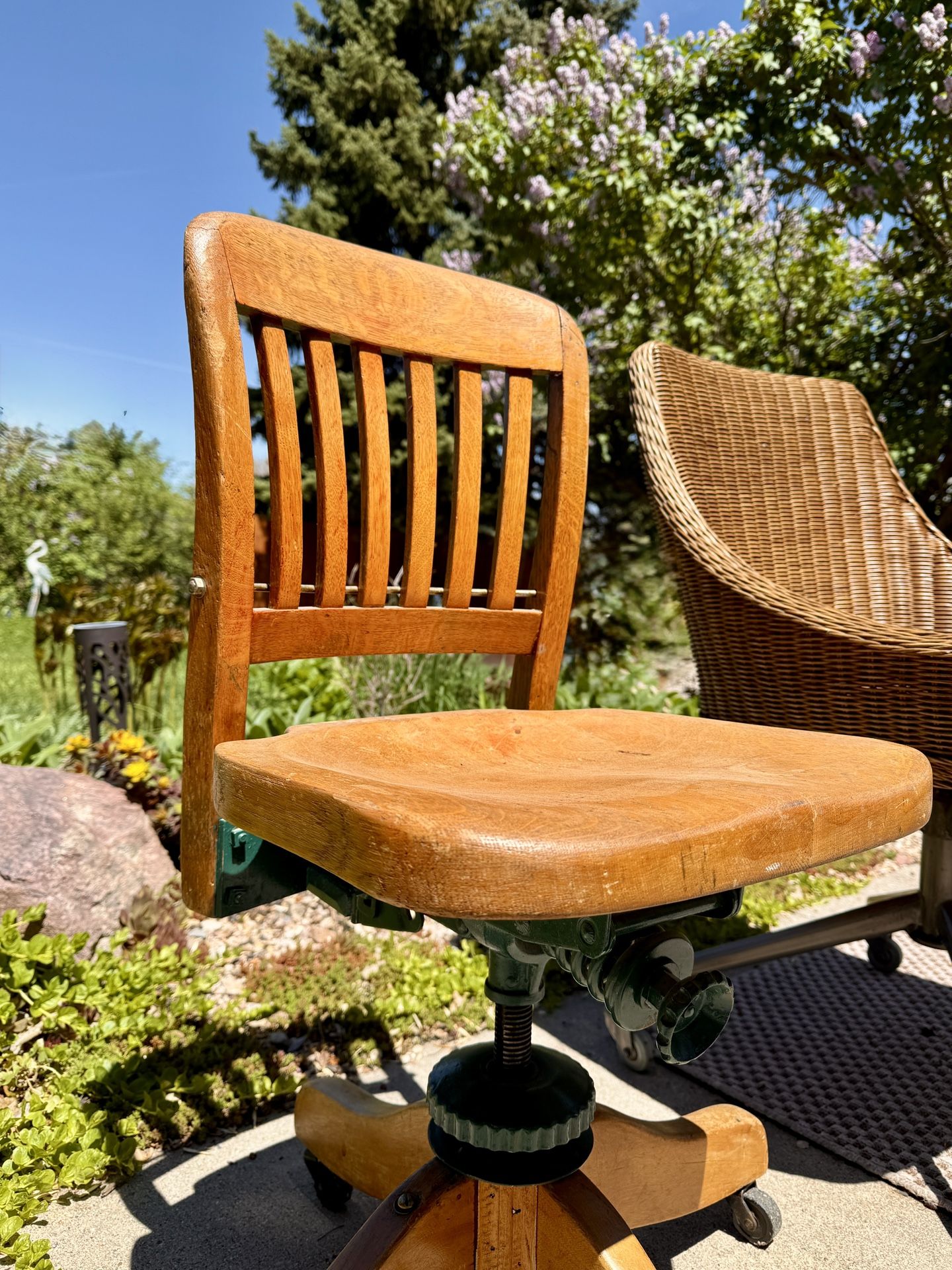 Vintage 1930’s Swivel Banker Office Chair & Rattan Chair
