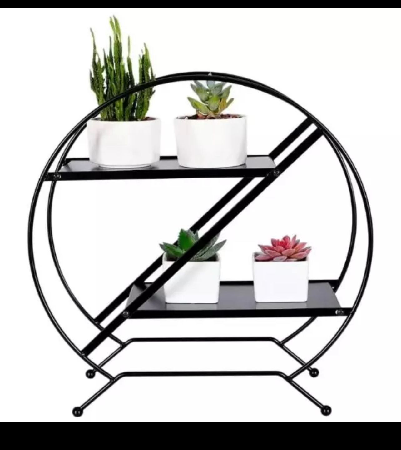 Home Garden Flower Pot Storage Rack 2 Tier Round Shape Metal Plant Rack