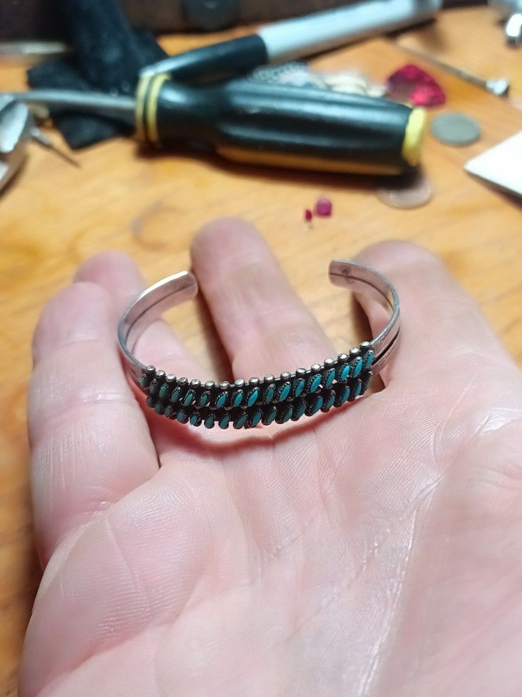 Sterling Silver Cuff Bracelet With Needlepoint Turquoise