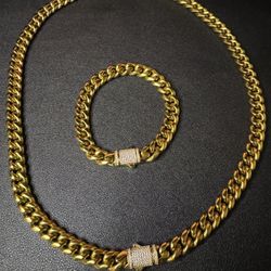 18k Gold Layered Cuban Chain And Bracelet 