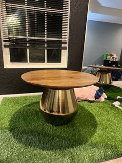 Round Wood Coffee Table with Gold Base