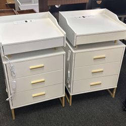 LED Nightstand Set of 2 with Charging Station, Large Night Stand with 3 Drawers and 1 Pull-Out Tray