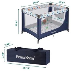 Pamo Babe Travel Foldable Portable Bassinet Baby Infant Comfortable Play Yard Crib Cot with Soft Mattress Breathable Mesh Walls, and Carry Bag Blue