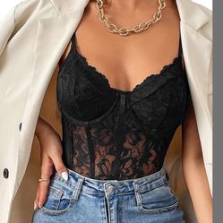 COZYEASE Women's Lace Bustier Cami Bodysuit Plain Sleeveless Slim Fit Sheer Mesh Corset Top Romper Black S