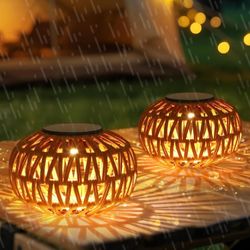 2 Pack Solar Lanterns Outdoor Waterproof, Outdoor Table Lamp Decor, Rattan Solar Lights Decorative, Small Tabletop Lantern Gifts for Mom, Grandma, Lan