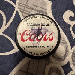 1983 LOS ANGELES VS CALGARY FIRST HOCKEY GAME N TACOMA DOME COORS SPONSORED PUCK