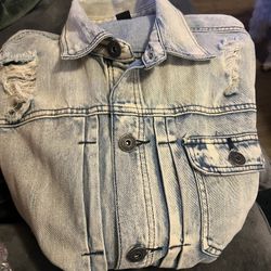 INC International Concepts medium distressed denim jacket in good used condition 