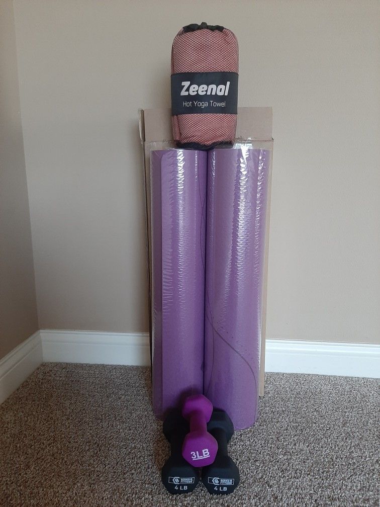 New Yoga Mat, Yoga Towel + New Neoprene Dumbbells