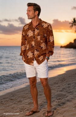Rare vintage Kilohana made in Hawaii barkcloth long sleeve aloha shirt from the 1950s-1960s.  Loop collar, coconut shell buttons, single stitch constr