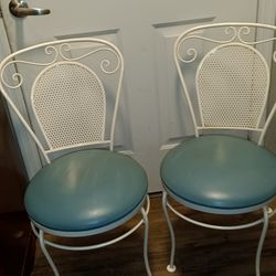 2 wrought Iron Padded Ice Cream Parlor Chairs White and blue