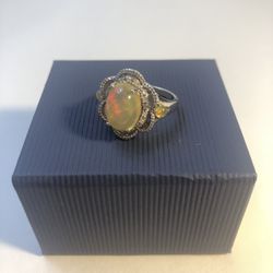 NIB 3 ct Sz 7.5 Natural Opal & Diamond Ring, sterling silver