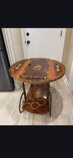 VINTAGE ITALIAN INLAY ROLLING BAR TEA CARD DROPPED LEAF SIDES WALNUT AND BRASS