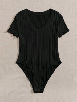 SHEIN Black Ribbed V-Neck Short Sleeve Bodysuit