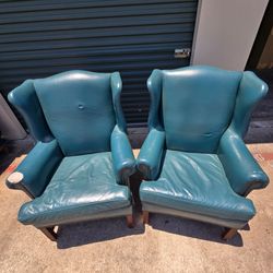 Pair of Vintage Hancock & Moore Teal Leather Wingback Lounge Chairs – High End