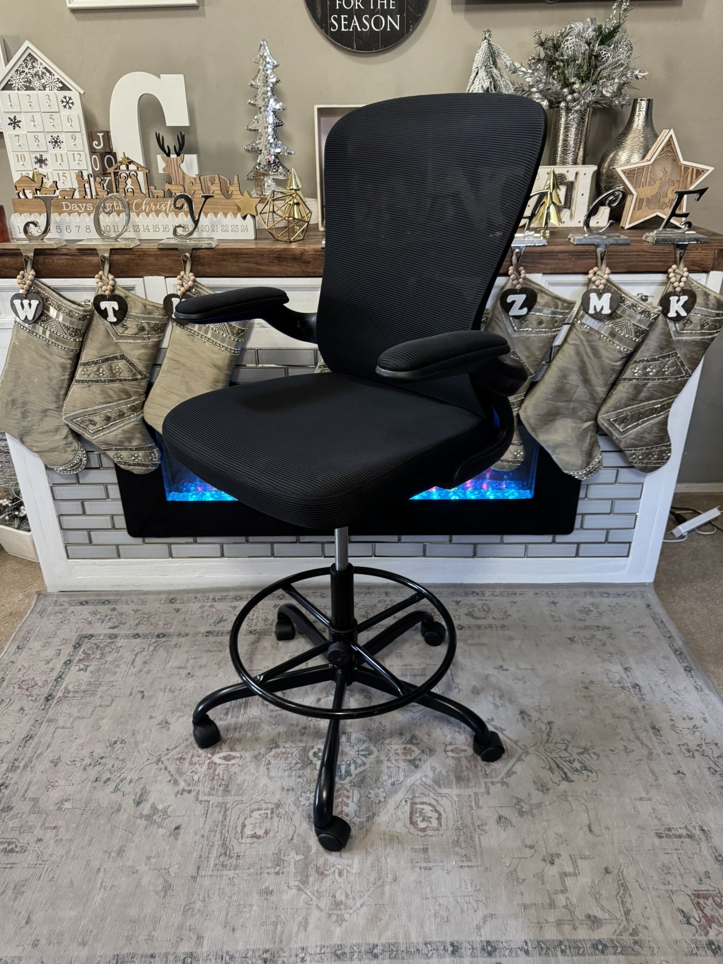 NEW**Black Mesh Drafting Chair, Tall Office Chair With Flip-Up Arms Ergonomic Computer Standing