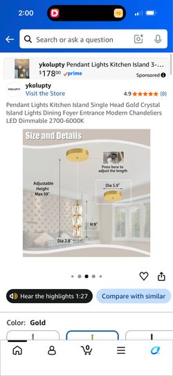 Pendant Lights Kitchen Island Single Head Gold Crystal Island Lights Dining Foyer Entrance Modern Chandeliers LED Dimmable 2(contact info removed)K
