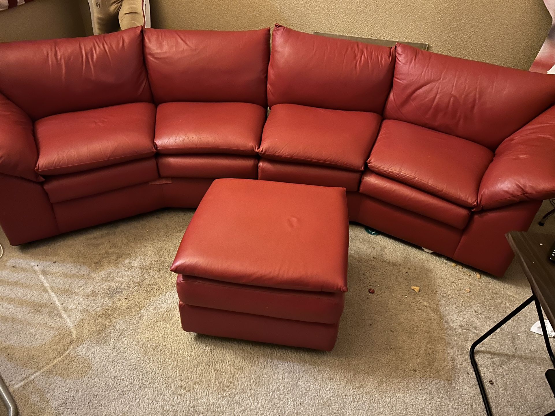Real Red Leather Couch, Ottoman & Love Seat Set