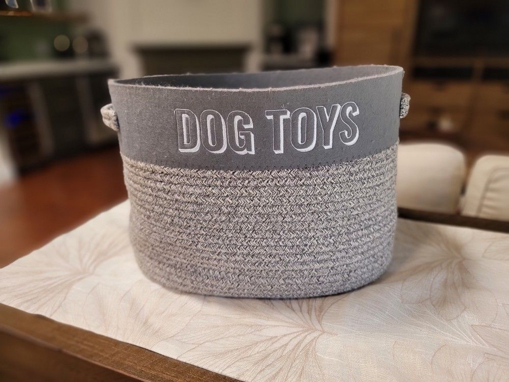 Dog Woven Grey Fabric Toys Basket with Handles
