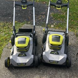 Two Ryobi 40 V mowers