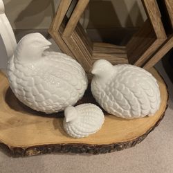 3 Vintage White Ceramic Quail Figurines