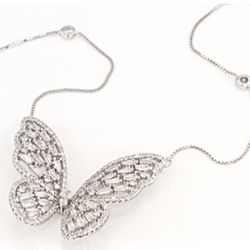 925 STERLING SILVER CUBIC ZIRCONIA BAGUETTE BUTTERFLY PENDANT NECKLACE 18"