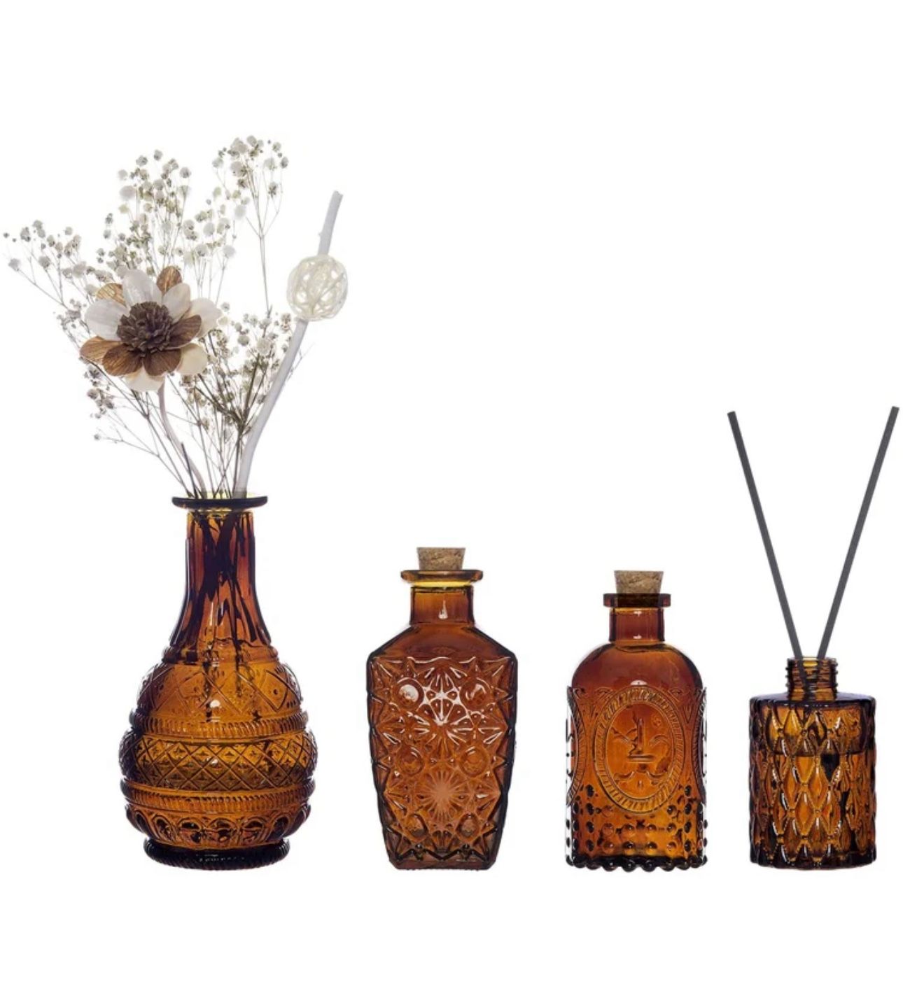 Vintage Style Embossed Amber Glass Flower Bud Vases, Set of 4