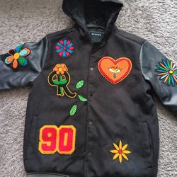 Unisex Reason Brand (Black) City Patched Hooded Wool Varsity Jacket 