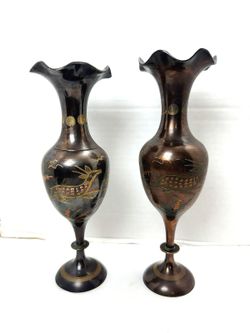 Pair Vintage Brass Gazelle Wheat Vases Art Deco Style Handmade in India