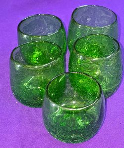 Set of 5 Rolly Polly Hand-Blown Green Crackle Glass Tumblers Votives Ranging From 2 3/4 Up to 3 1/4 Inches Tall C5T102