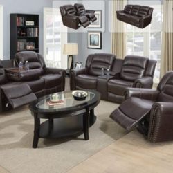 New Brown  Leather 3pc Reclining Set W/Storage Compartment Built In Cup Holders & Drop Down Table