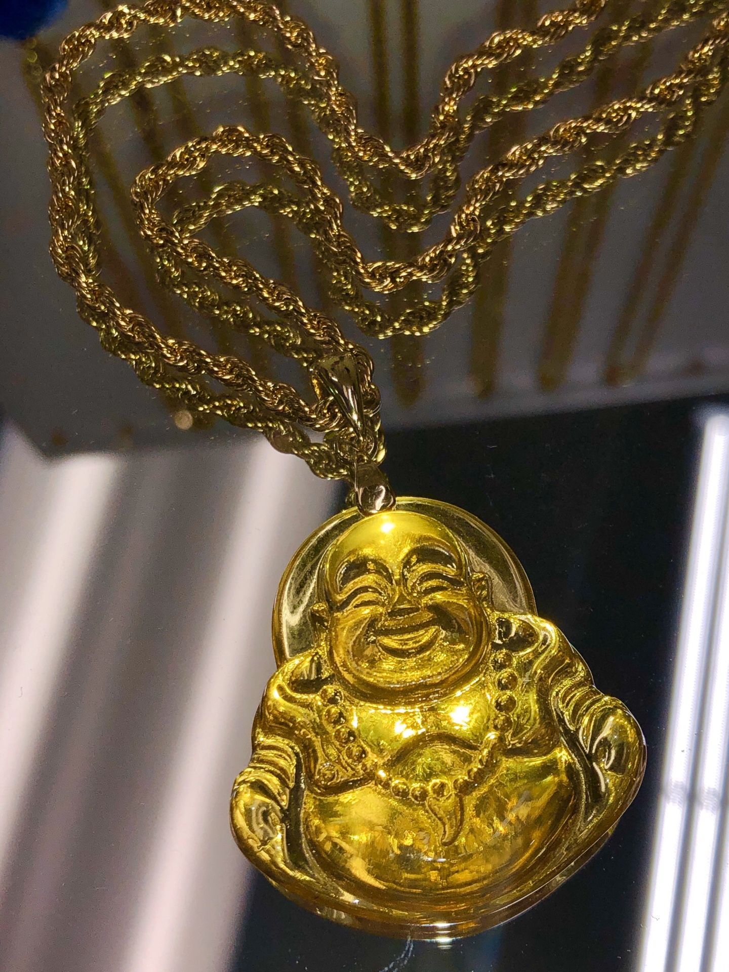 Yellow gold Buddha pendant 14 k gold filled rope chain necklace