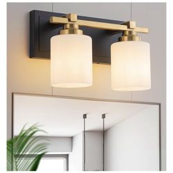 BrkNit 2 Light Modern Bathroom Light Fixtures Over Mirror, Black Gold Vanity Lights for Bathroom Wall Sconces with Milky White Glass