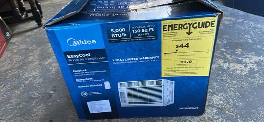 Midea EasyCool window air conditioner features a 5,000 BTU capacity designed for spaces up to 150 square feet.