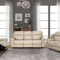 Sand Beige Leather Fully Reclining Three Piece Couch Set