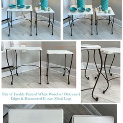 Pair of Freshly Painted White Wood w/ Distressed Edges & Hammered Brown Metal Legs
